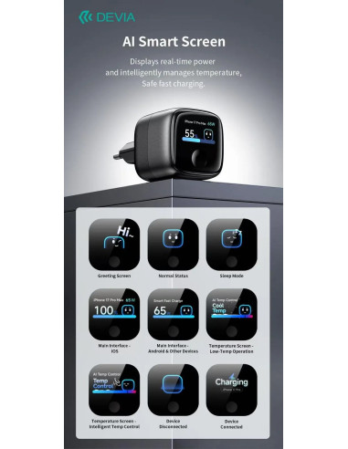 DEVIA CARGADOR MINI SMART DISPLAY 65W GRIS