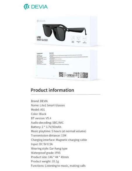 DEVIA GAFAS BLUETOOTH LITE1 NEGRO