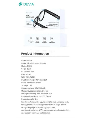DEVIA GAFAS INTELIGENTES IA ULTRA1 NEGRO