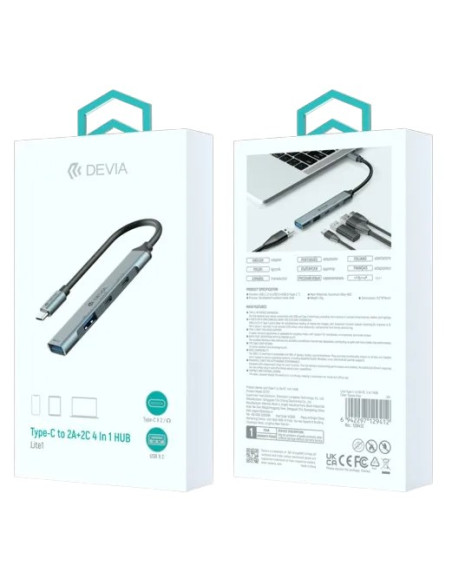 DEVIA HUB 4 EN 1 TIPO C 2xUSB-A 3.0+2xUSB-C