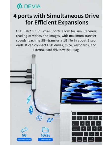 DEVIA HUB 4 EN 1 TIPO C 2xUSB-A 3.0+2xUSB-C