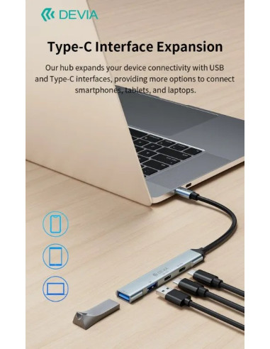 DEVIA HUB 4 EN 1 TIPO C 2xUSB-A 3.0+2xUSB-C
