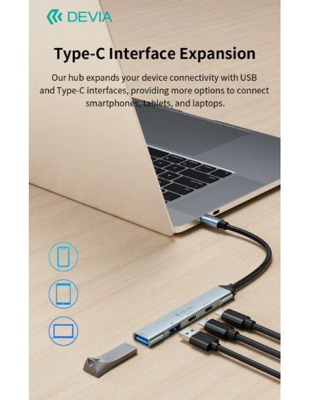 DEVIA HUB 4 EN 1 TIPO C 2xUSB-A 3.0+2xUSB-C
