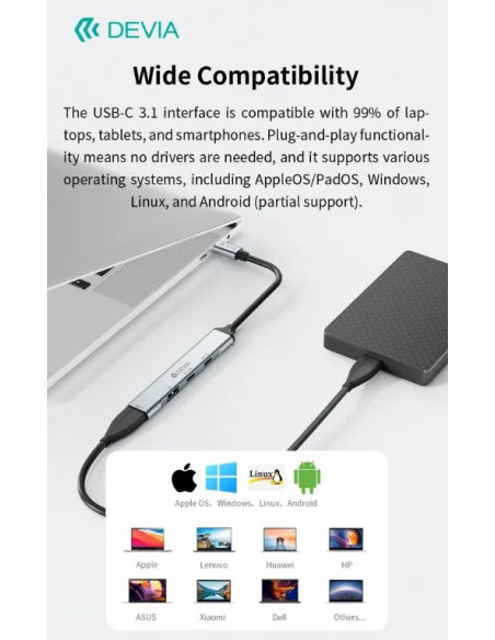 DEVIA HUB 4 EN 1 TIPO C 2xUSB-A 3.0+2xUSB-C