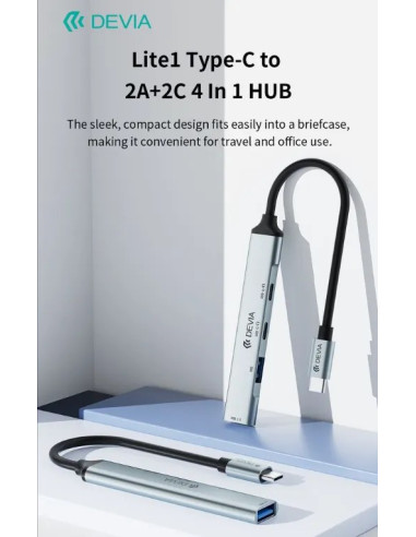 DEVIA HUB 4 EN 1 TIPO C 2xUSB-A 3.0+2xUSB-C