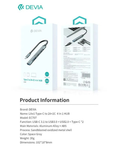 DEVIA HUB 4 EN 1 TIPO C 2xUSB-A 3.0+2xUSB-C