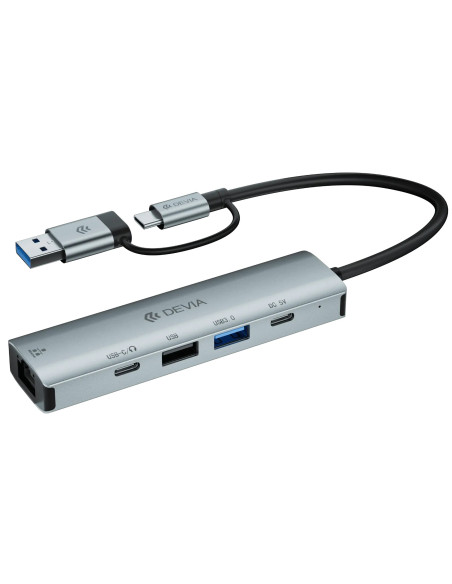DEVIA HUB DUAL USB+TIPO C 5 EN 1 USBx2/RJ45/USB-Cx2