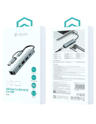 DEVIA HUB DUAL USB+TIPO C 5 EN 1 USBx2/RJ45/USB-Cx2