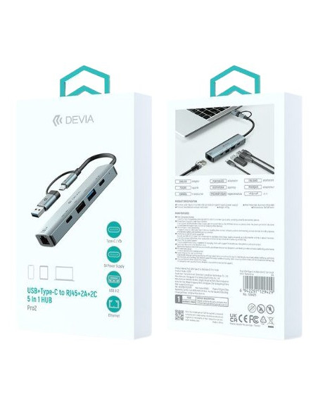 DEVIA HUB DUAL USB+TIPO C 5 EN 1 USBx2/RJ45/USB-Cx2