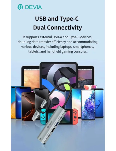 DEVIA HUB DUAL USB+TIPO C 5 EN 1 USBx2/RJ45/USB-Cx2