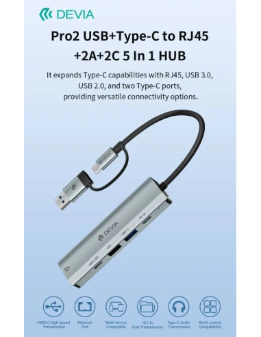 DEVIA HUB DUAL USB+TIPO C 5 EN 1 USBx2/RJ45/USB-Cx2