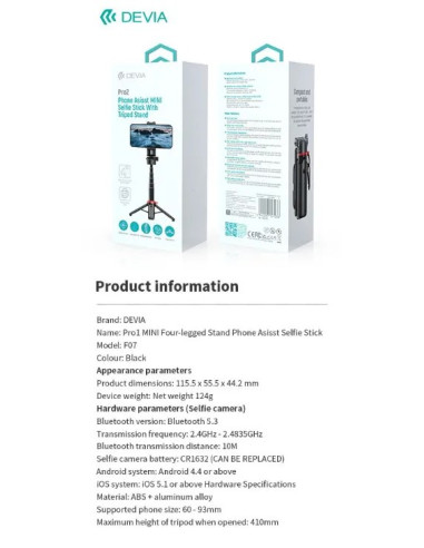 DEVIA PALO SELFIE PRO2 MANDO/TRÍPODE/GRIP MÓVIL/STAND