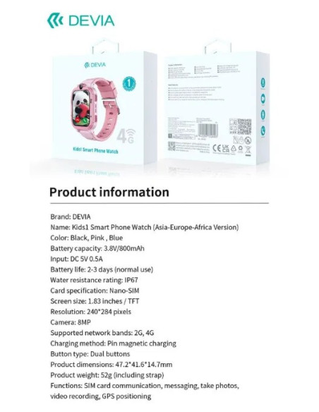 DEVIA SMARTWATCH KIDS1 4G ROSA
