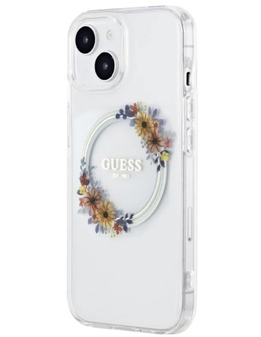 GUESS CARCASA MAGSAFE FLOWERS RING IPHONE 15 PLUS TRANSPARENTE