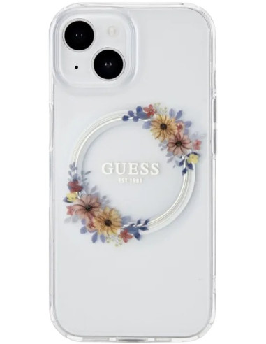 GUESS CARCASA MAGSAFE FLOWERS RING IPHONE 15 PLUS TRANSPARENTE