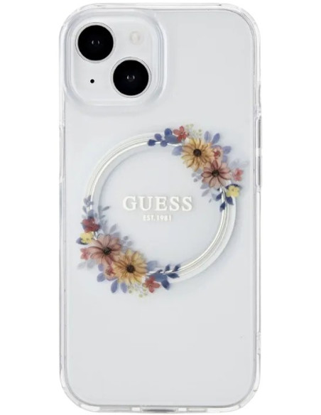 GUESS CARCASA MAGSAFE FLOWERS RING IPHONE 15 PLUS TRANSPARENTE