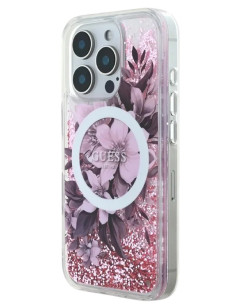 GUESS CARCASA MAGSAFE LIQUID GLITTER FLOWER IPHONE 16 PRO ROSA