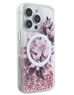 GUESS CARCASA MAGSAFE LIQUID GLITTER FLOWER IPHONE 16 PRO ROSA 2
