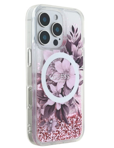 GUESS CARCASA MAGSAFE LIQUID GLITTER FLOWER IPHONE 16 PRO ROSA