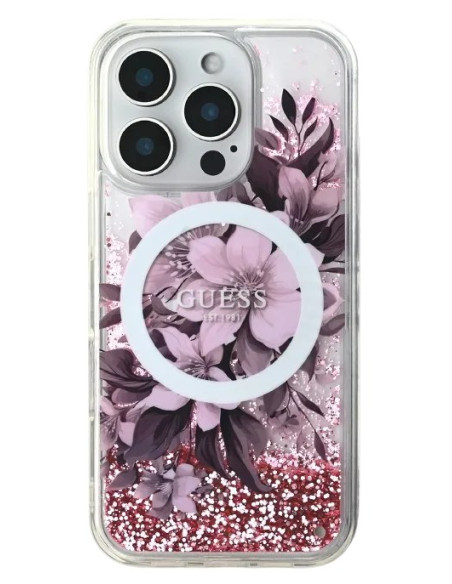 GUESS CARCASA MAGSAFE LIQUID GLITTER FLOWER IPHONE 16 PRO ROSA