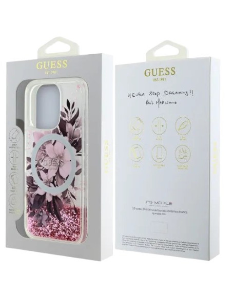 GUESS CARCASA MAGSAFE LIQUID GLITTER FLOWER IPHONE 16 PRO ROSA