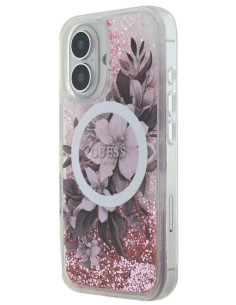 GUESS CARCASA MAGSAFE LIQUID GLITTER FLOWER IPHONE 16 ROSA