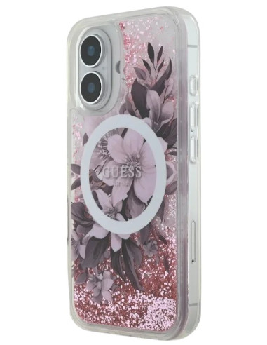 GUESS CARCASA MAGSAFE LIQUID GLITTER FLOWER IPHONE 16 ROSA