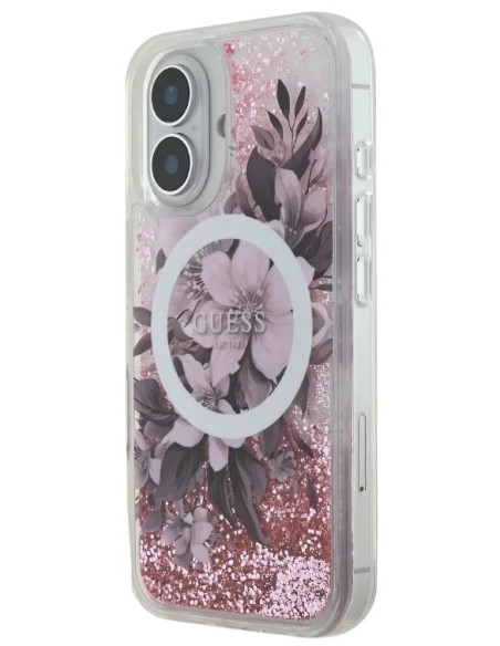 GUESS CARCASA MAGSAFE LIQUID GLITTER FLOWER IPHONE 16 ROSA