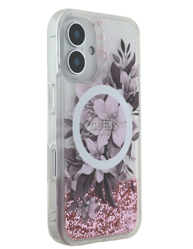 GUESS CARCASA MAGSAFE LIQUID GLITTER FLOWER IPHONE 16 ROSA