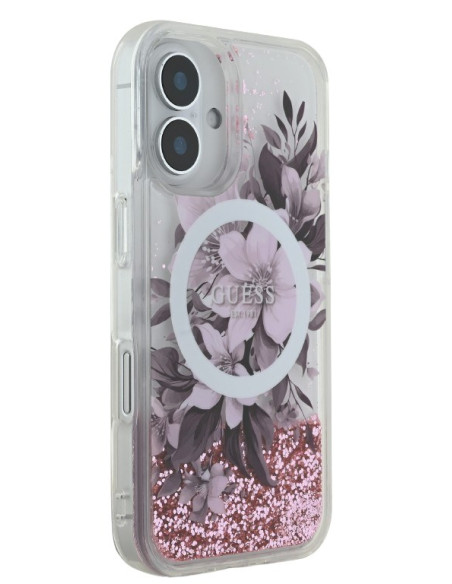 GUESS CARCASA MAGSAFE LIQUID GLITTER FLOWER IPHONE 16 ROSA