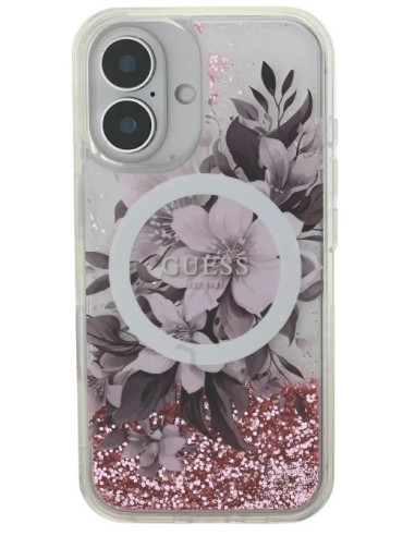GUESS CARCASA MAGSAFE LIQUID GLITTER FLOWER IPHONE 16 ROSA
