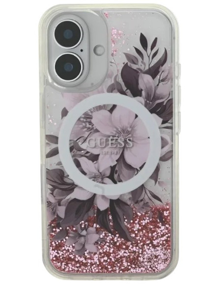 GUESS CARCASA MAGSAFE LIQUID GLITTER FLOWER IPHONE 16 ROSA