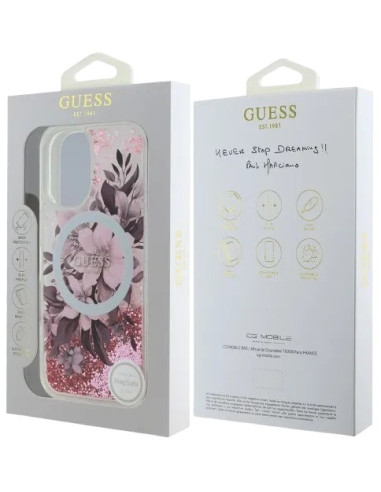 GUESS CARCASA MAGSAFE LIQUID GLITTER FLOWER IPHONE 16 ROSA