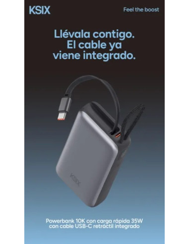 KSIX BATERIA AUXILIAR 10000mAh PD 35W / DISPLAY + CABLE RETRÁCTIL USBc
