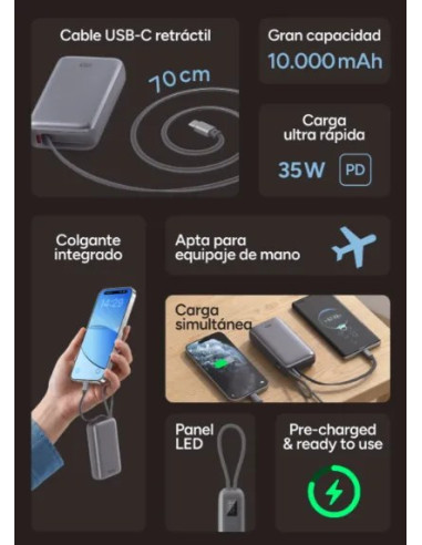 KSIX BATERIA AUXILIAR 10000mAh PD 35W / DISPLAY + CABLE RETRÁCTIL USBc