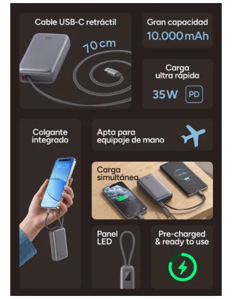 KSIX BATERIA AUXILIAR 10000mAh PD 35W / DISPLAY + CABLE RETRÁCTIL USBc