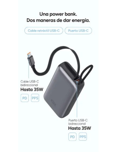 KSIX BATERIA AUXILIAR 10000mAh PD 35W / DISPLAY + CABLE RETRÁCTIL USBc