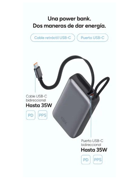 KSIX BATERIA AUXILIAR 10000mAh PD 35W / DISPLAY + CABLE RETRÁCTIL USBc
