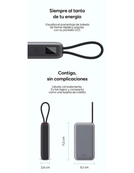 KSIX BATERIA AUXILIAR 10000mAh PD 35W / DISPLAY + CABLE RETRÁCTIL USBc