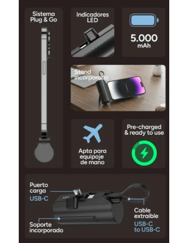 KSIX BATERIA AUXILIAR MINI / CABLE USB-C & SOPORTE INTEGRADO / 5000 mAh