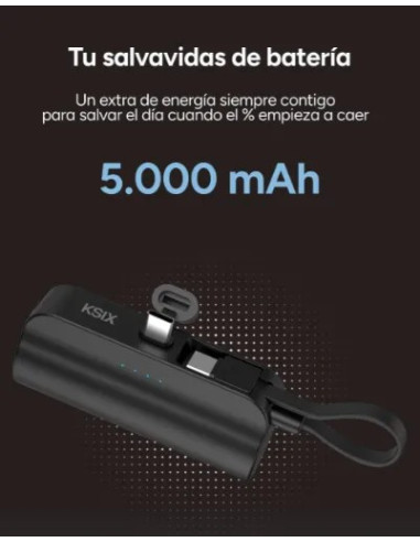 KSIX BATERIA AUXILIAR MINI / CABLE USB-C & SOPORTE INTEGRADO / 5000 mAh