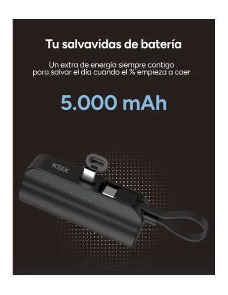 KSIX BATERIA AUXILIAR MINI / CABLE USB-C & SOPORTE INTEGRADO / 5000 mAh