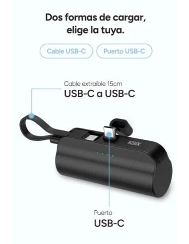 KSIX BATERIA AUXILIAR MINI / CABLE USB-C & SOPORTE INTEGRADO / 5000 mAh