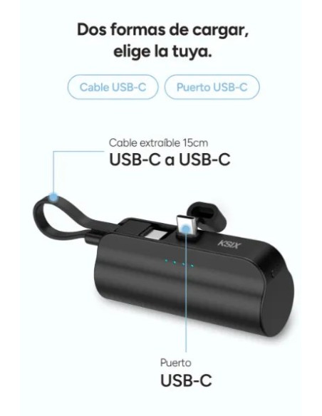 KSIX BATERIA AUXILIAR MINI / CABLE USB-C & SOPORTE INTEGRADO / 5000 mAh