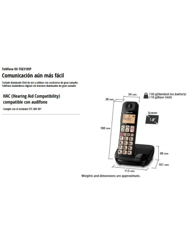 PANASONIC TELÉFONO INALÁMBRICO KXTG310N TECLAS GRANDES NEGRO