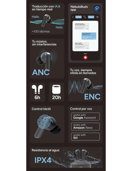 KSIX AURICULARES INALAMBRICOS TRADUCCIÓN IA ANC+ENC NEGRO