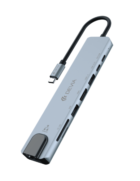 DEVIA HUB 8 EN 1 TIPO C HDMI/ USBx2/ PD 100W/ SD/ ETHERNET GRIS