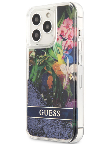 GUESS CARCASA GLITTER FLOWER IPHONE 13 PRO AZUL