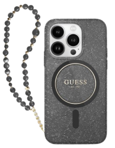 GUESS CARCASA MAGSAFE GLITTER PEARL STRAP IPHONE 16 PRO NEGRO
