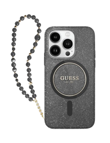 GUESS CARCASA MAGSAFE GLITTER PEARL STRAP IPHONE 16 PRO NEGRO
